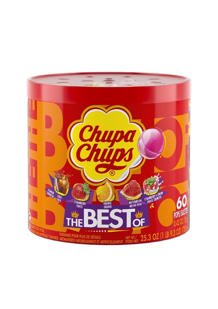  Chupa Chups Candy Lollipops, 5 Assorted Flavors, Drum Display  for Parties Office Concessions, 60 Count Drum(Pack of 1) : Grocery &  Gourmet Food