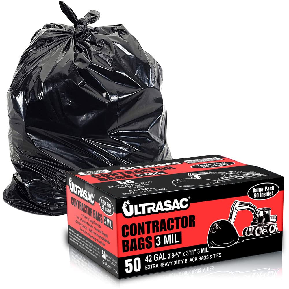 Ultrasac Heavy Duty Contractor Bags (VALUE 50 PACK/w TIES), 42