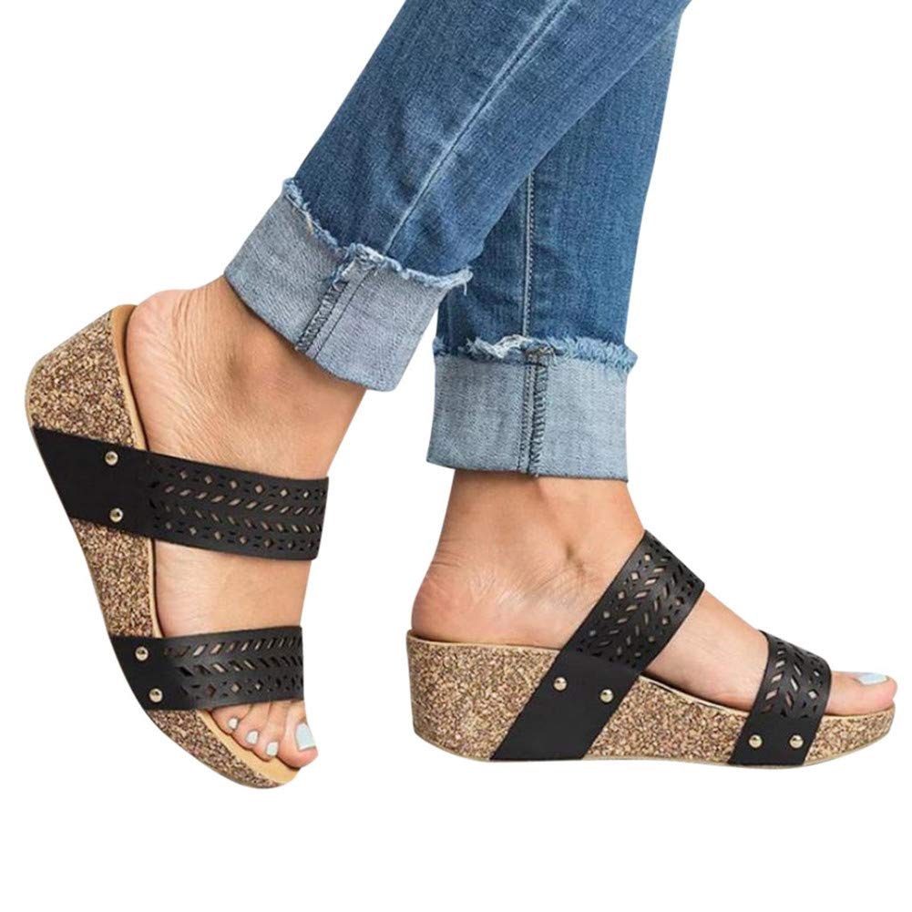 Gibobby Espadrilles Sandals for Women Flat,Wedges Sandals Platform Casual  Summer Middle Heels Open Toe Sandals Black 5 