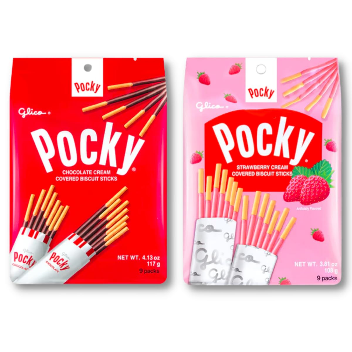 Pocky Sticks, Family Pack, 2 Packs Variety Pack of Chocolate and Strawberry  Cream Covered Biscuit, 9 Count Per Pack, Japanese Snacks 